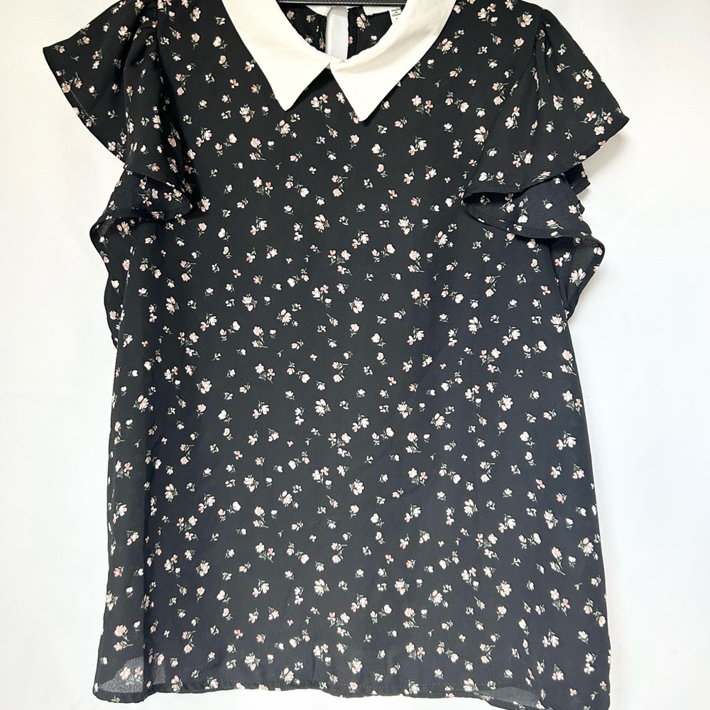 Monteau Black Floral Blouse with White Collar